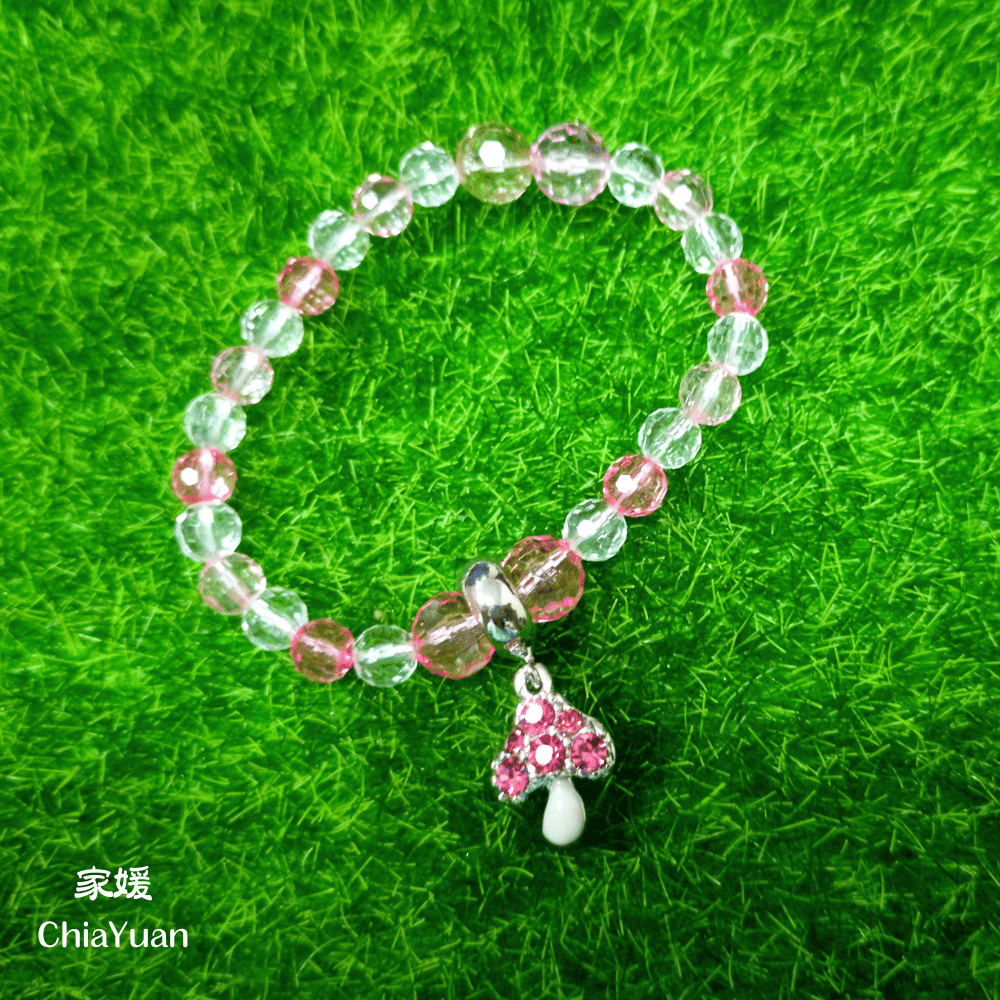 ♥︎ChiaYuan♥︎粉嫩蘑菇手環｜粉色透明切面珠串珠手鍊｜手環